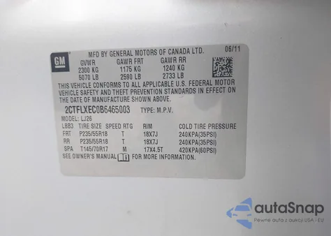 2011 GMC Terrain Slt-2 z USA, uszkodzony, nr VIN 2CTFLXEC0B6465003